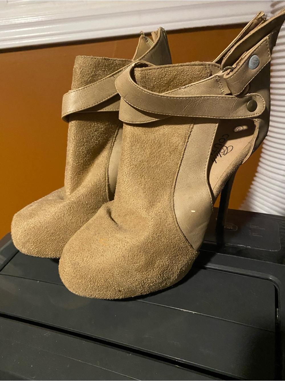 Suede Tan High Heel Ankle Booties with Wrap Strap